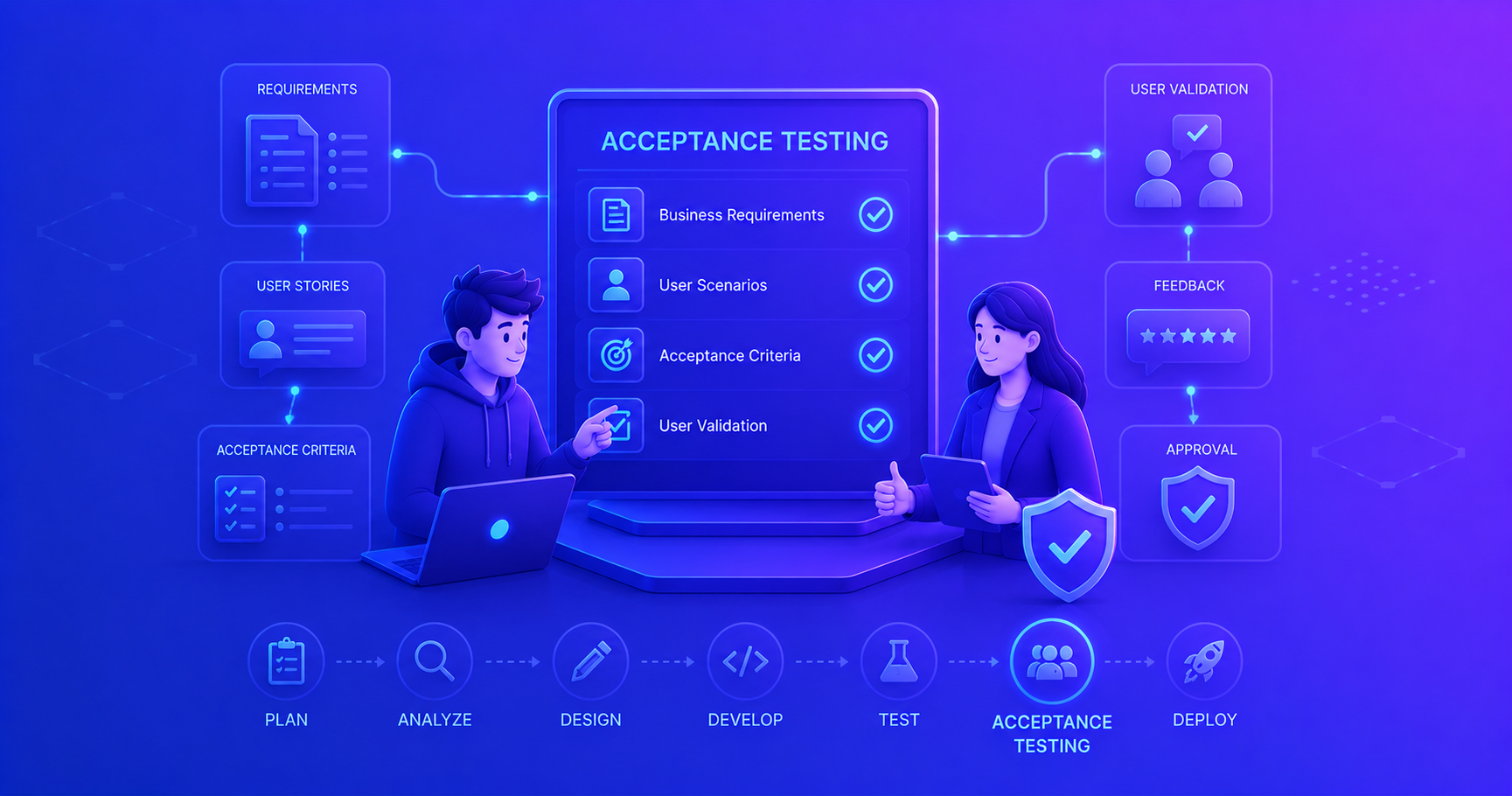 Visual representation of acceptance testing showing validation of software against user requirements