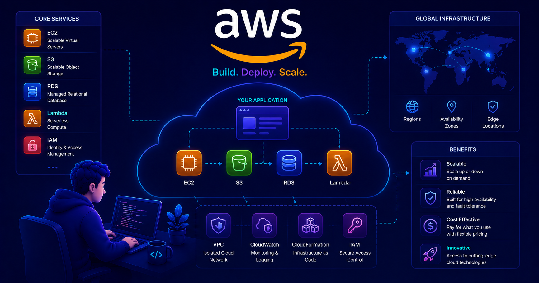 Visual representation of AWS cloud services and infrastructure