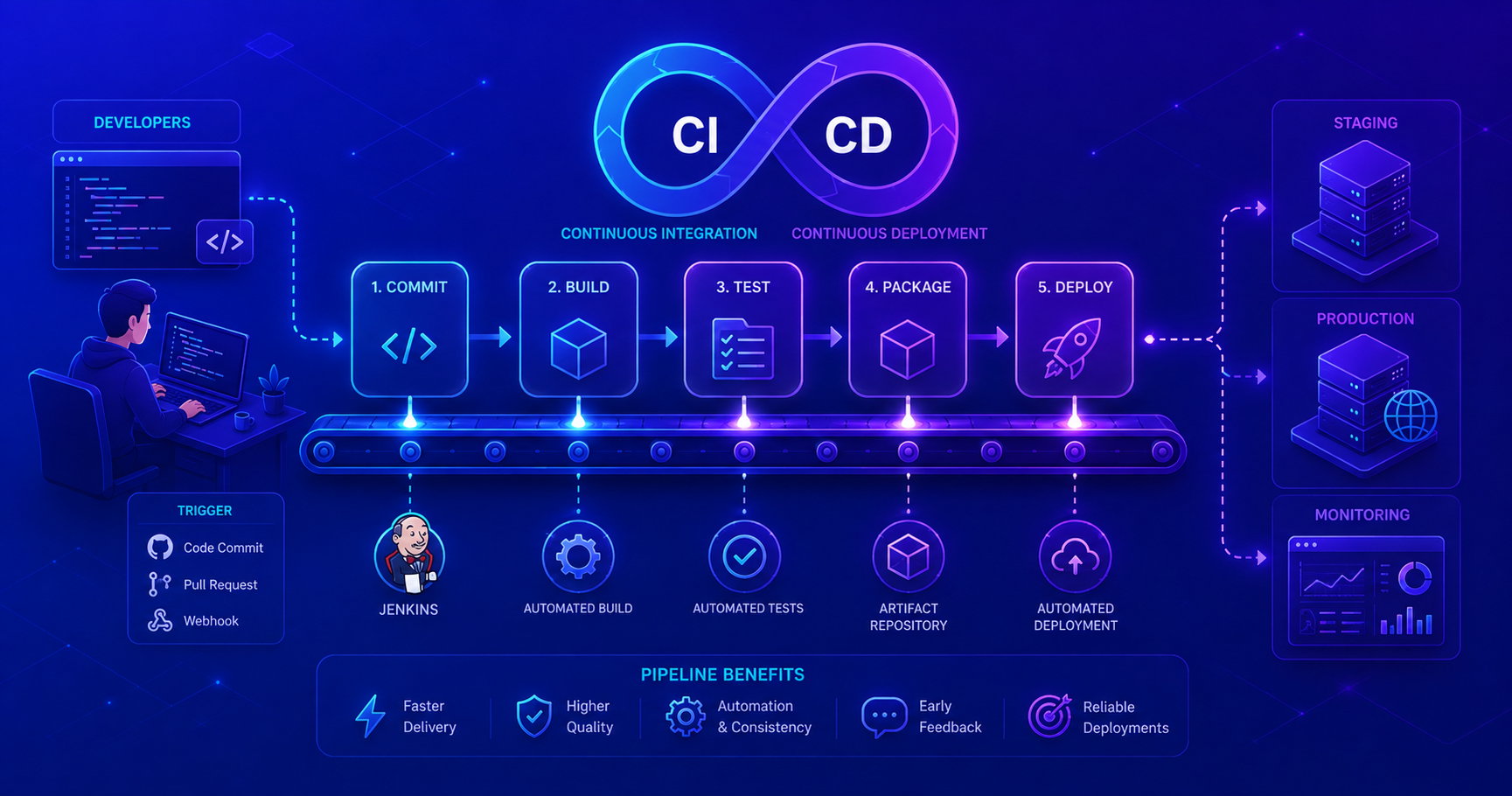 CI & CD Pipeline Stages showing build, test, and deployment workflow