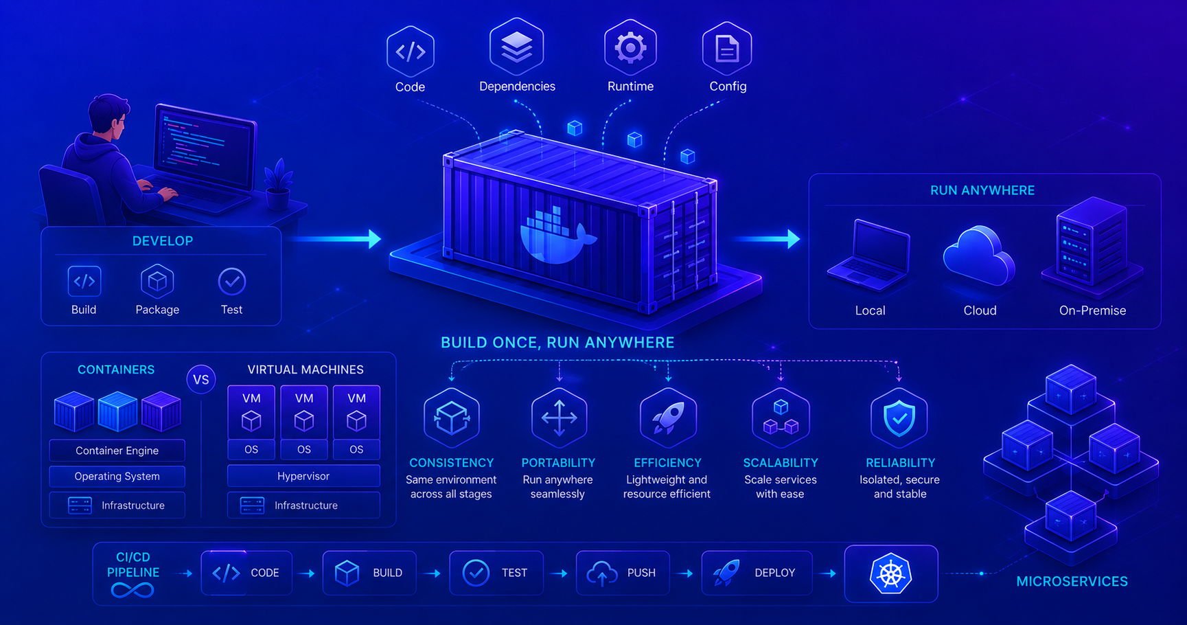 Container illustration showing containerization workflow