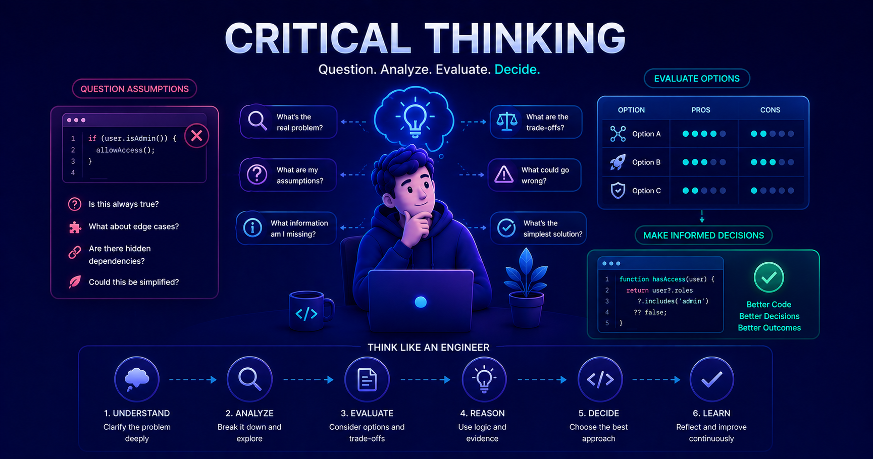 A developer analyzing code and evaluating different solutions with critical thinking