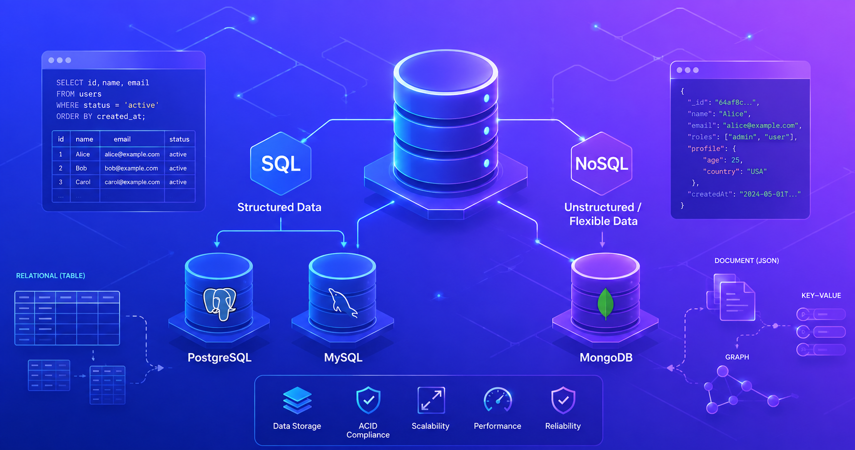 Visual representation of SQL and NoSQL database types