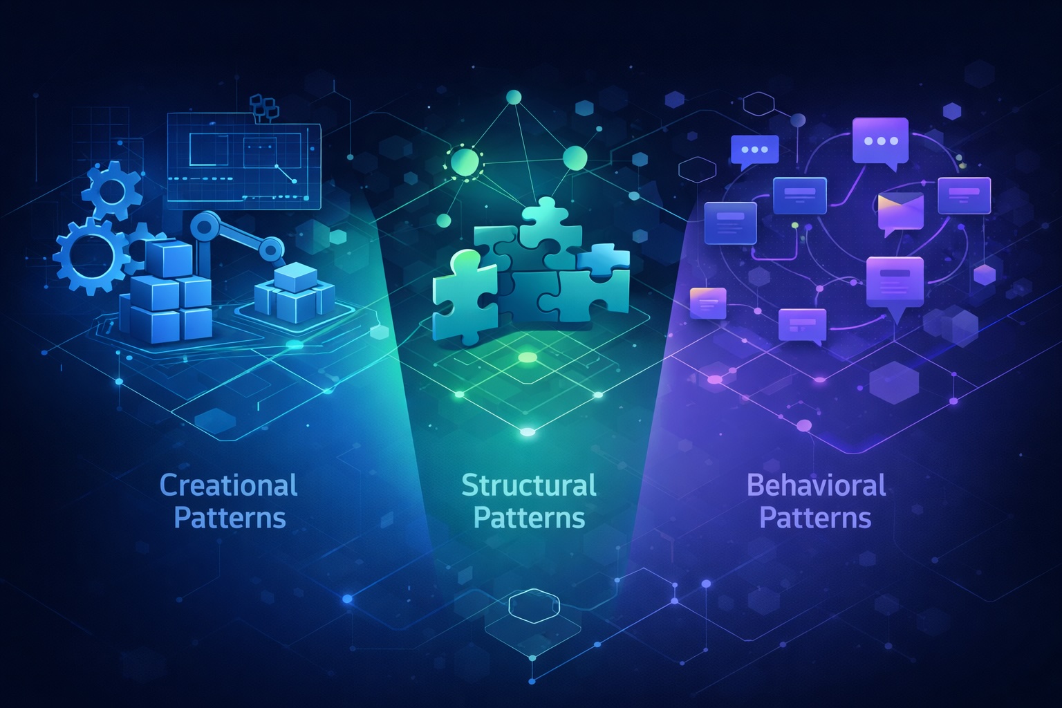 Visual representation of design patterns showing interconnected software components