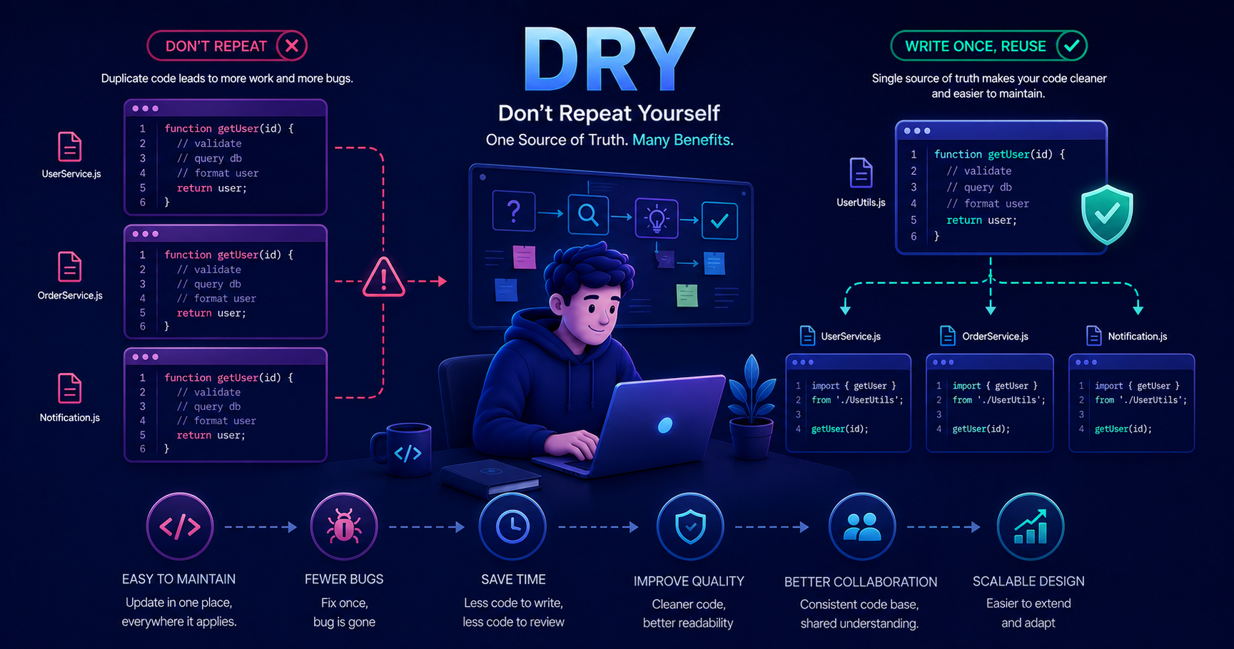 Visual representation of the DRY principle showing code refactoring from duplication to reusable components