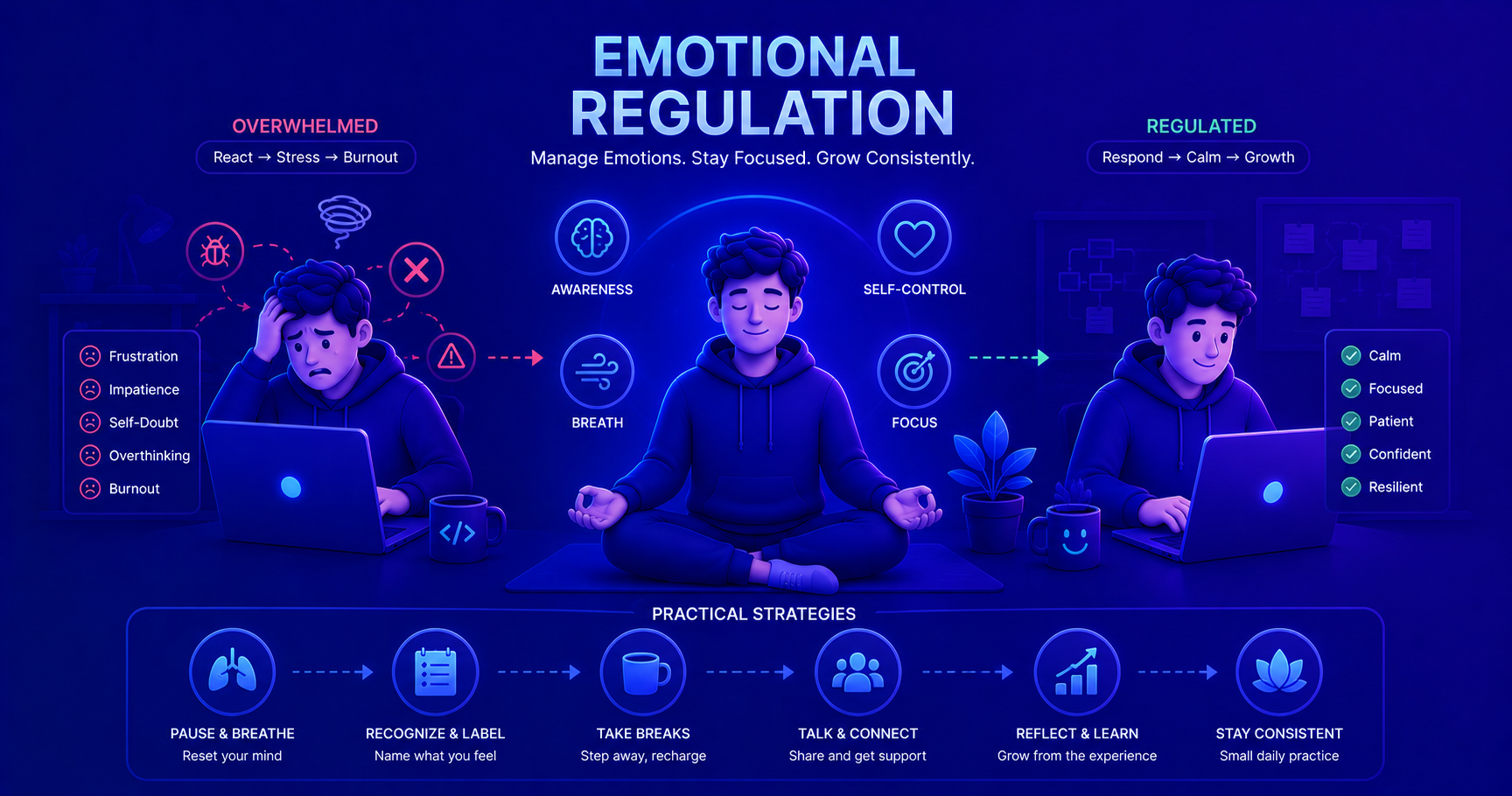 A calm developer working through challenges with emotional awareness and resilience