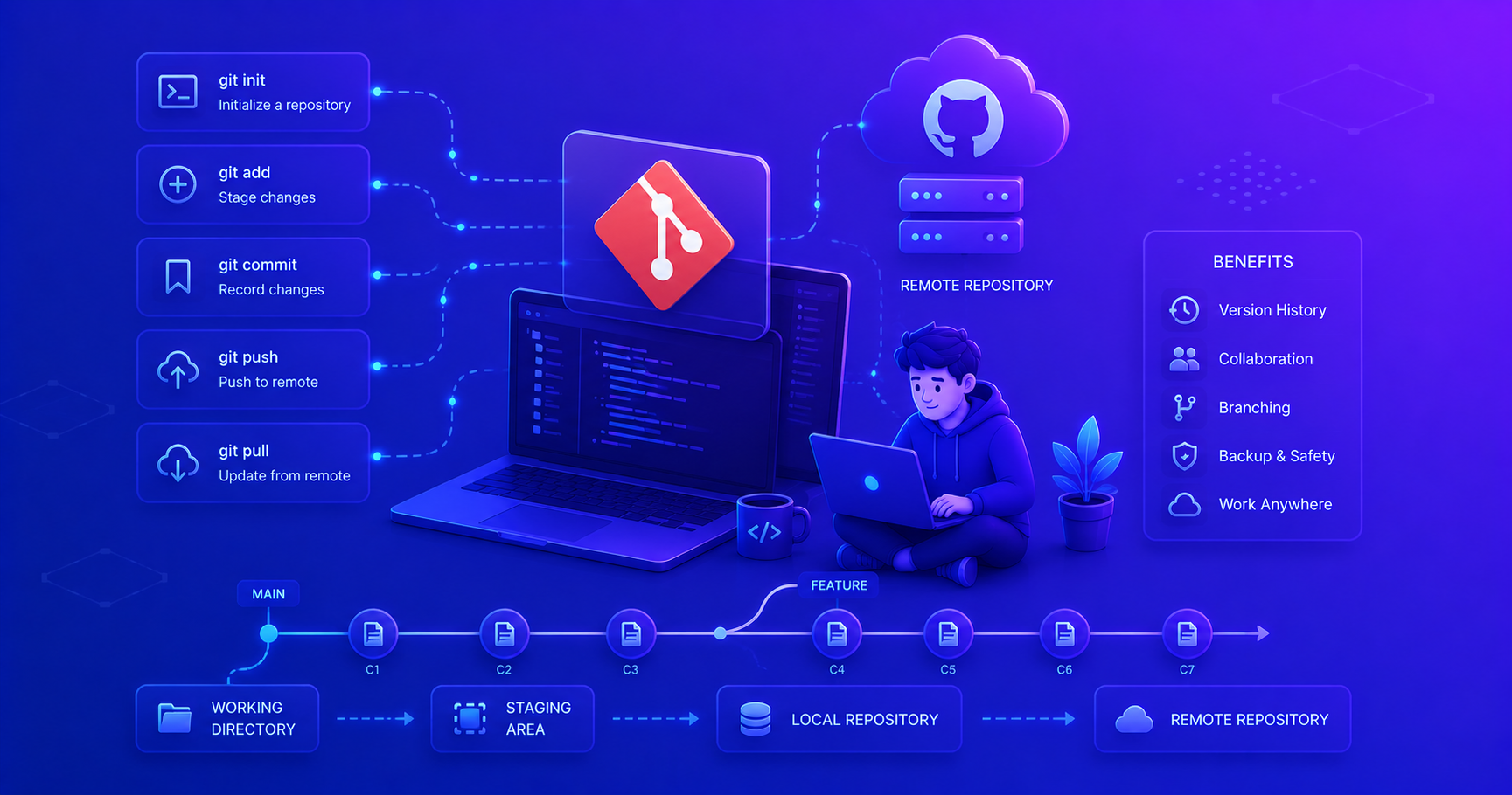 Visual representation of GIT branching and version control workflow