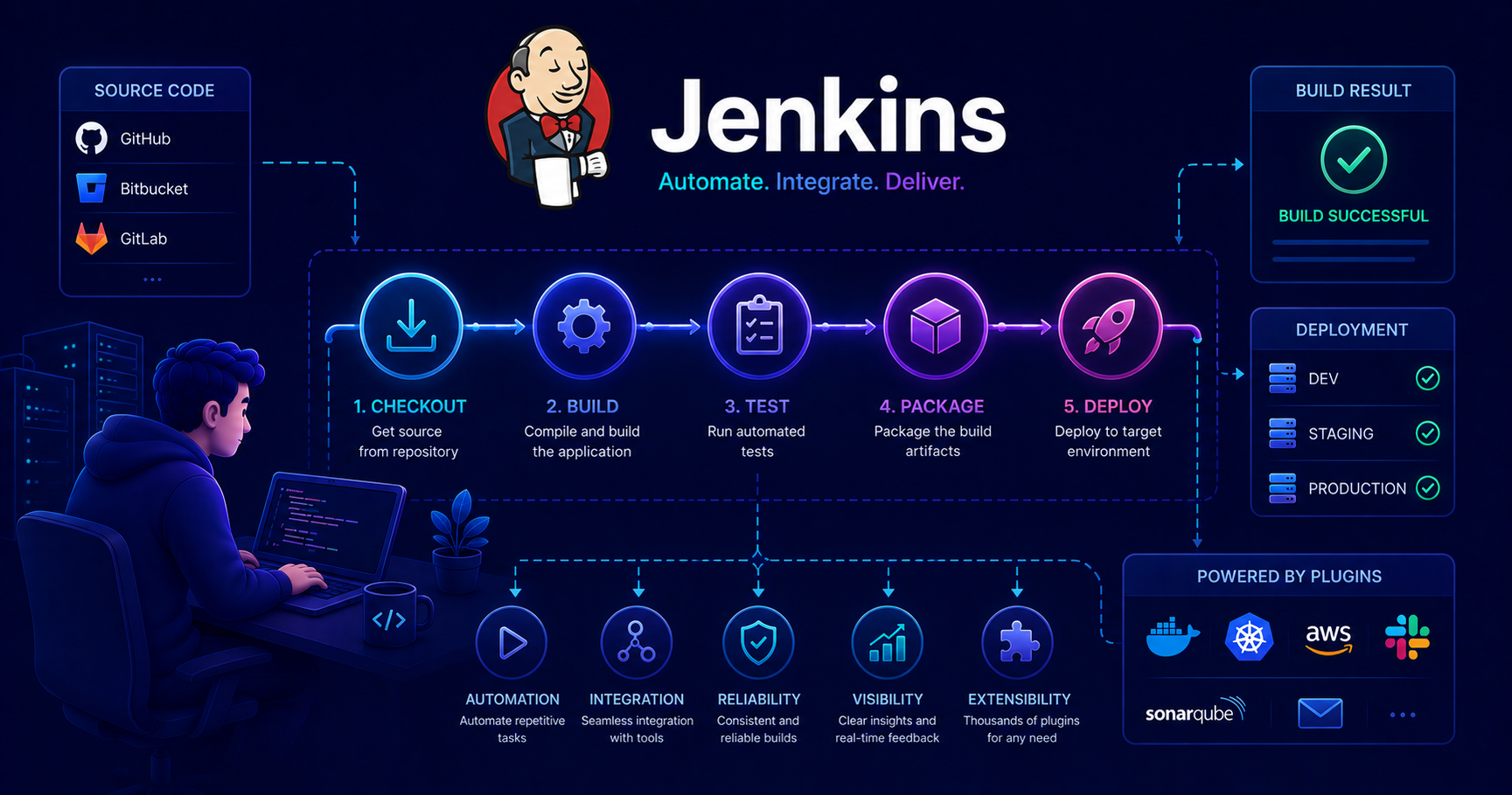 Jenkins CI/CD pipeline automating software builds, tests, and deployments