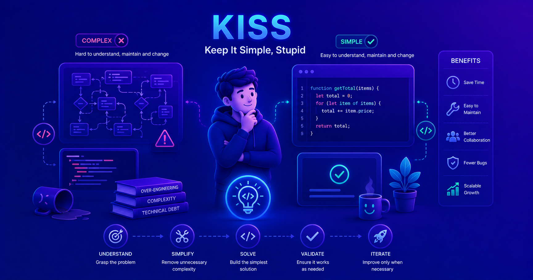 Illustration of the KISS principle showing simple versus complex code solutions