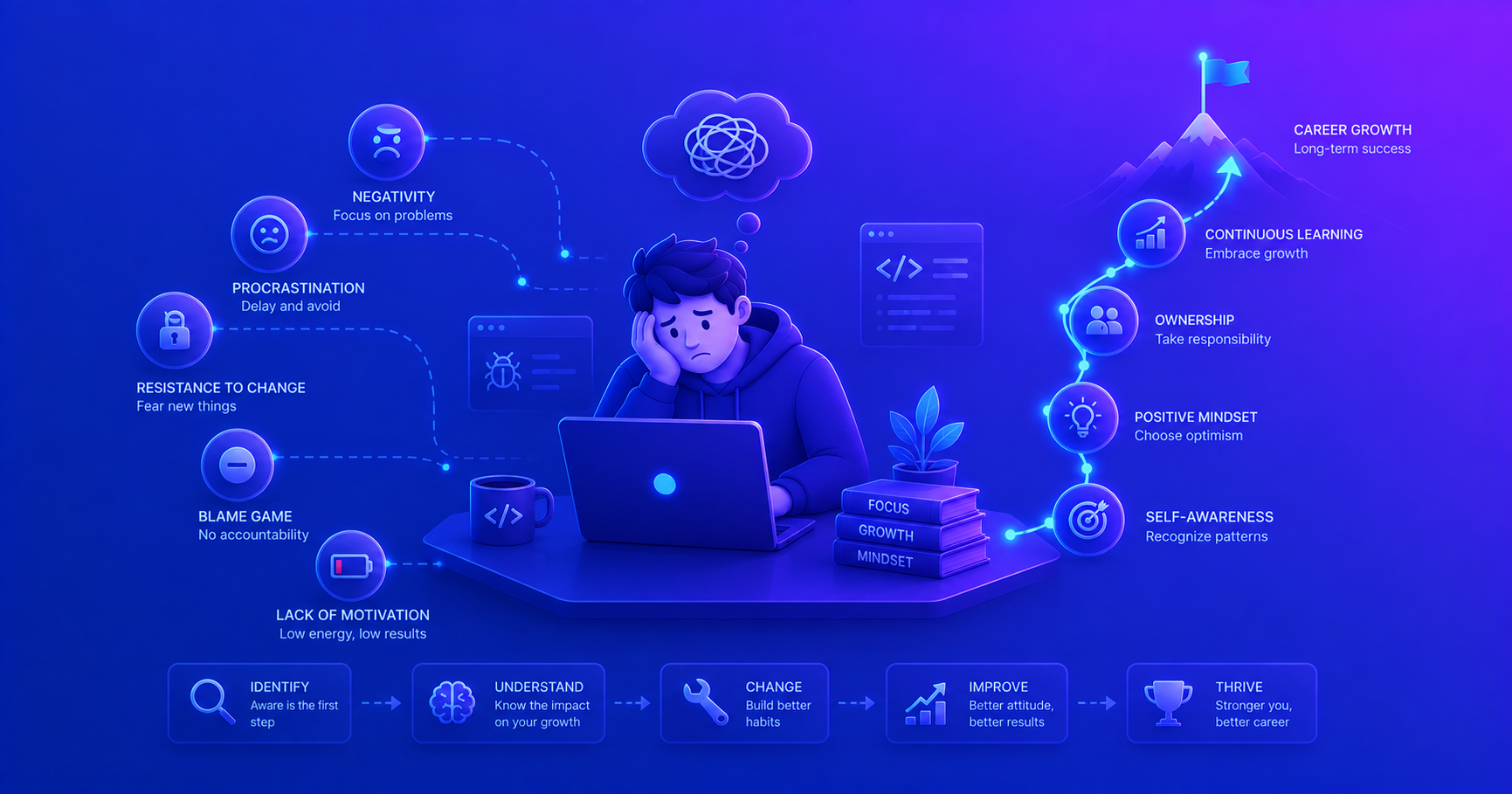 A developer struggling with negative attitudes, showing the contrast between destructive and constructive mindsets