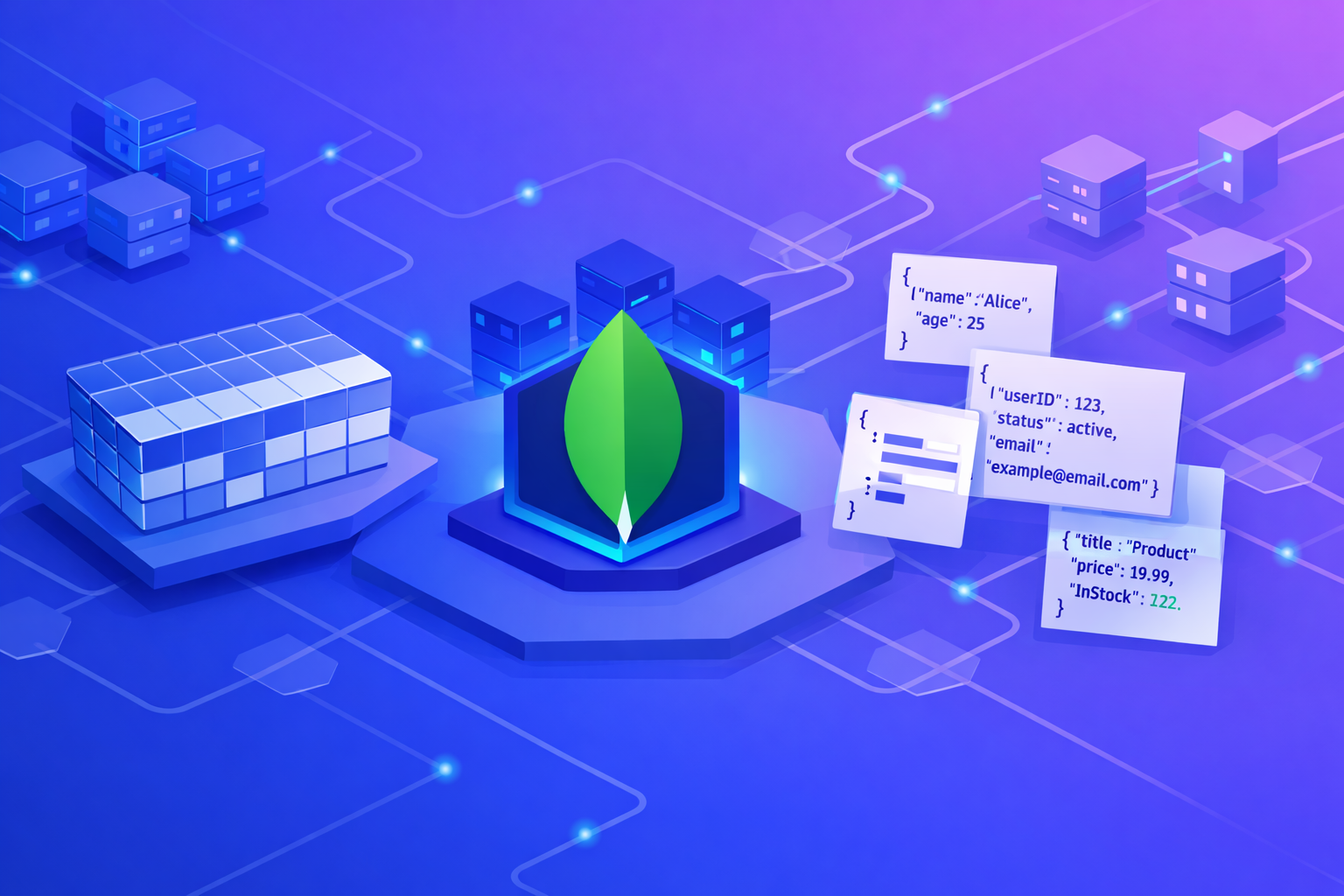 MongoDB database represented with document-based data storage and flexible schema design