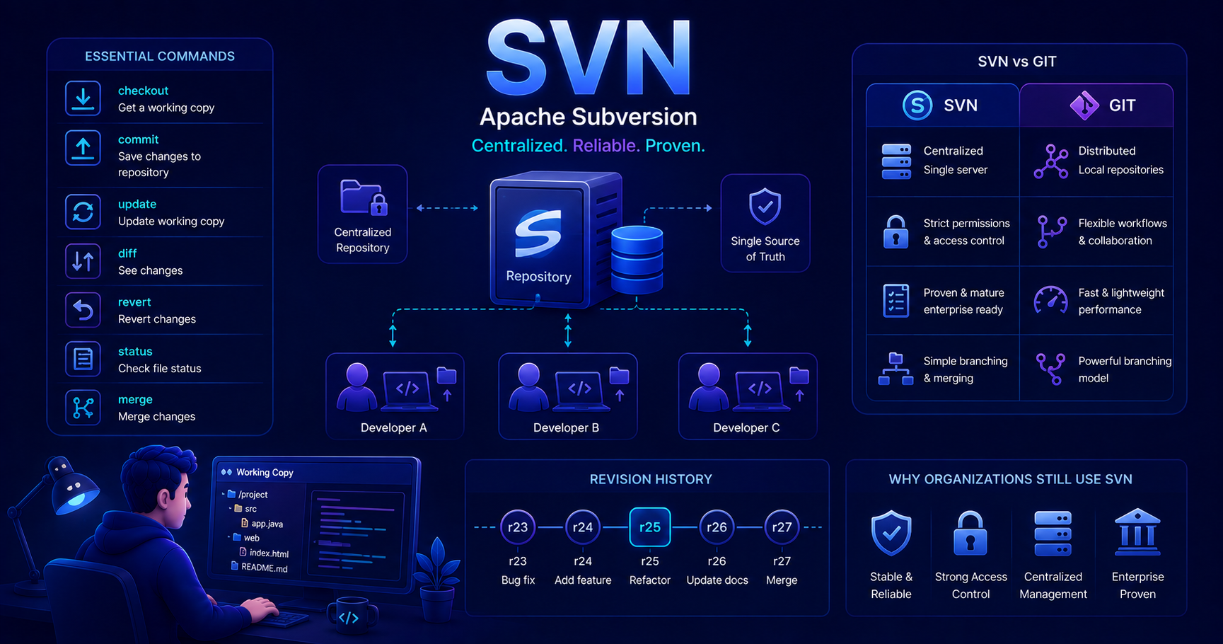 Visual representation of SVN centralized version control architecture
