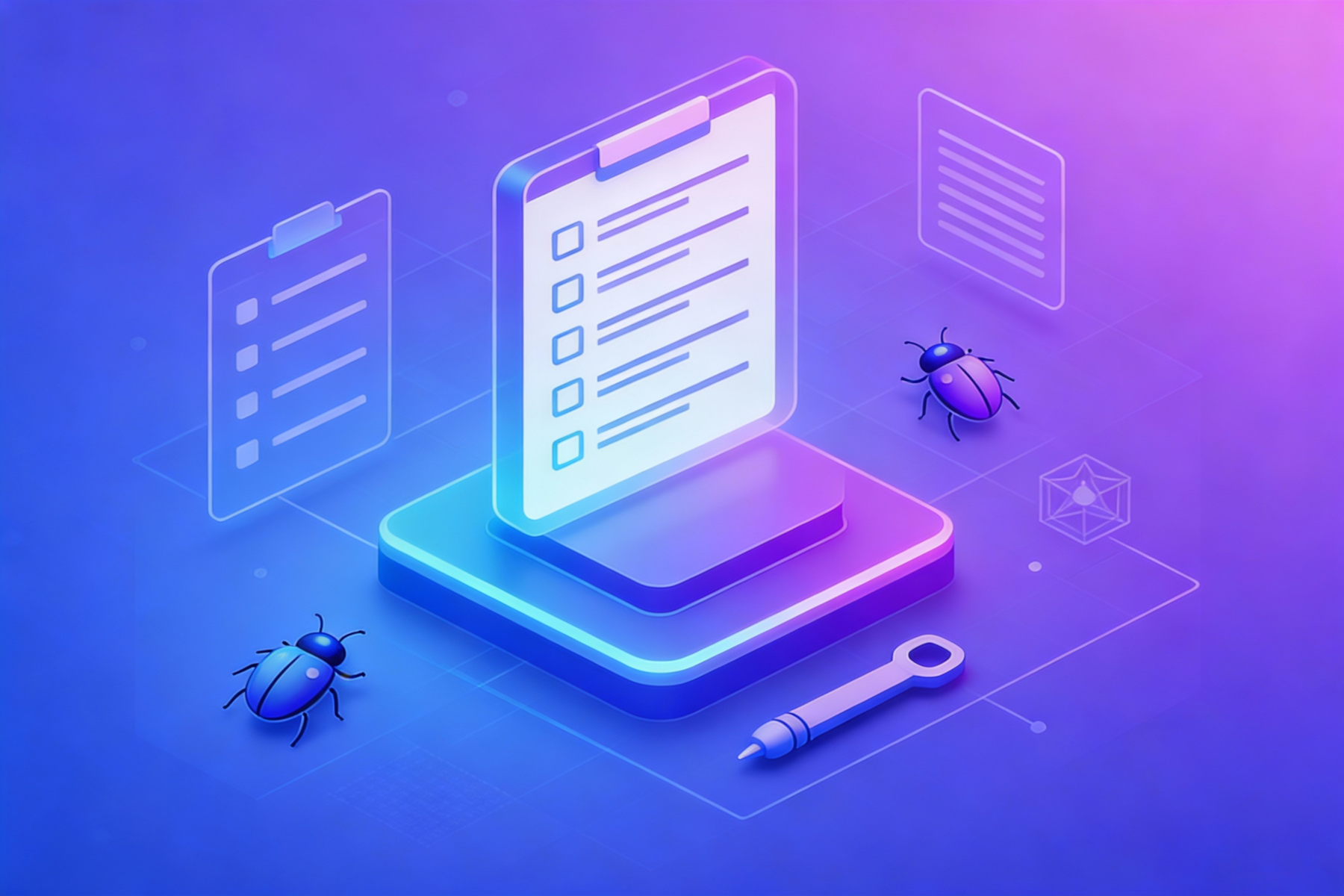 Laptop with code under a magnifying glass highlighting a bug, next to a testing checklist. 