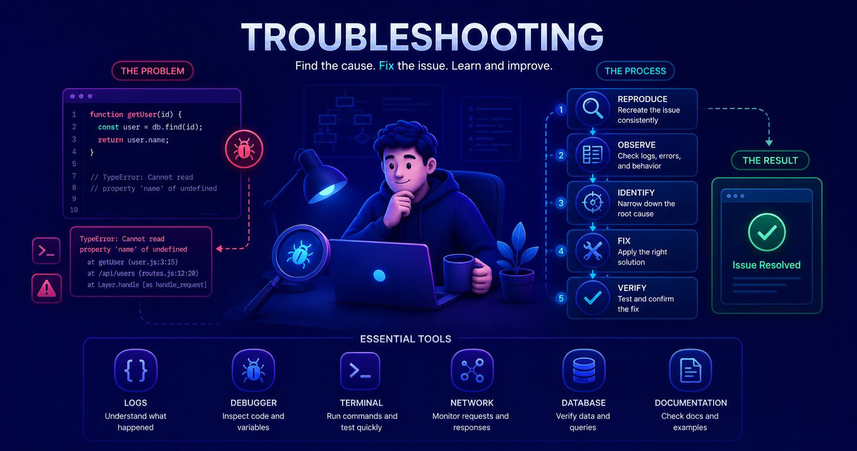 Visual representation of debugging process showing a developer solving code issues systematically