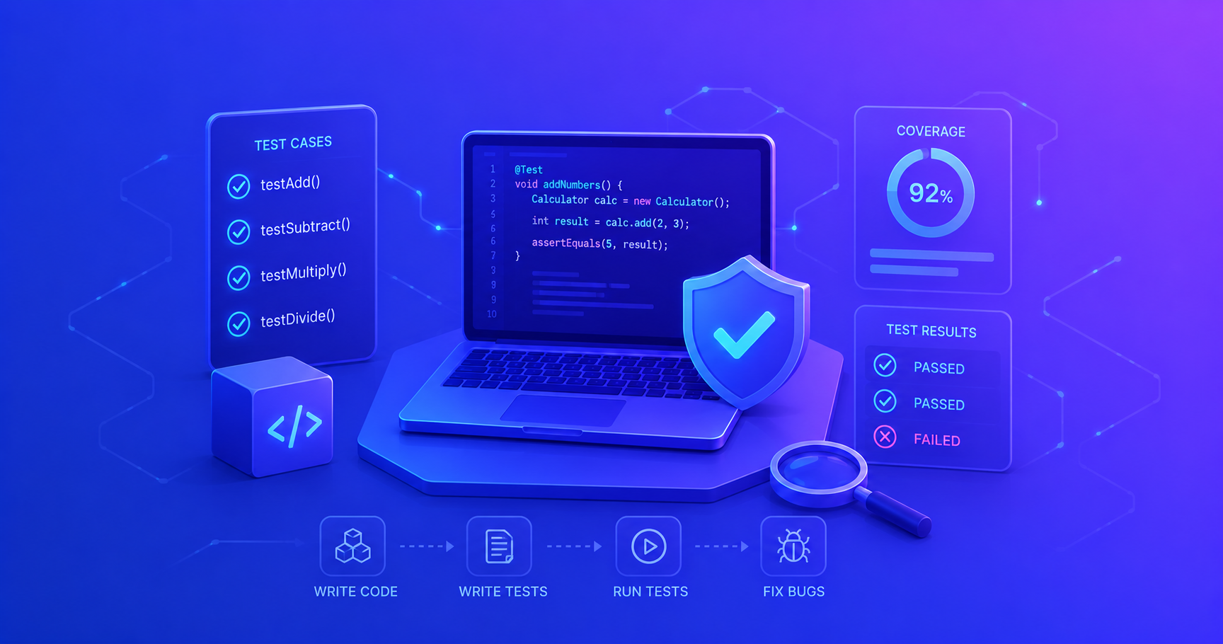 Visual representation of unit testing showing code modules being tested individually