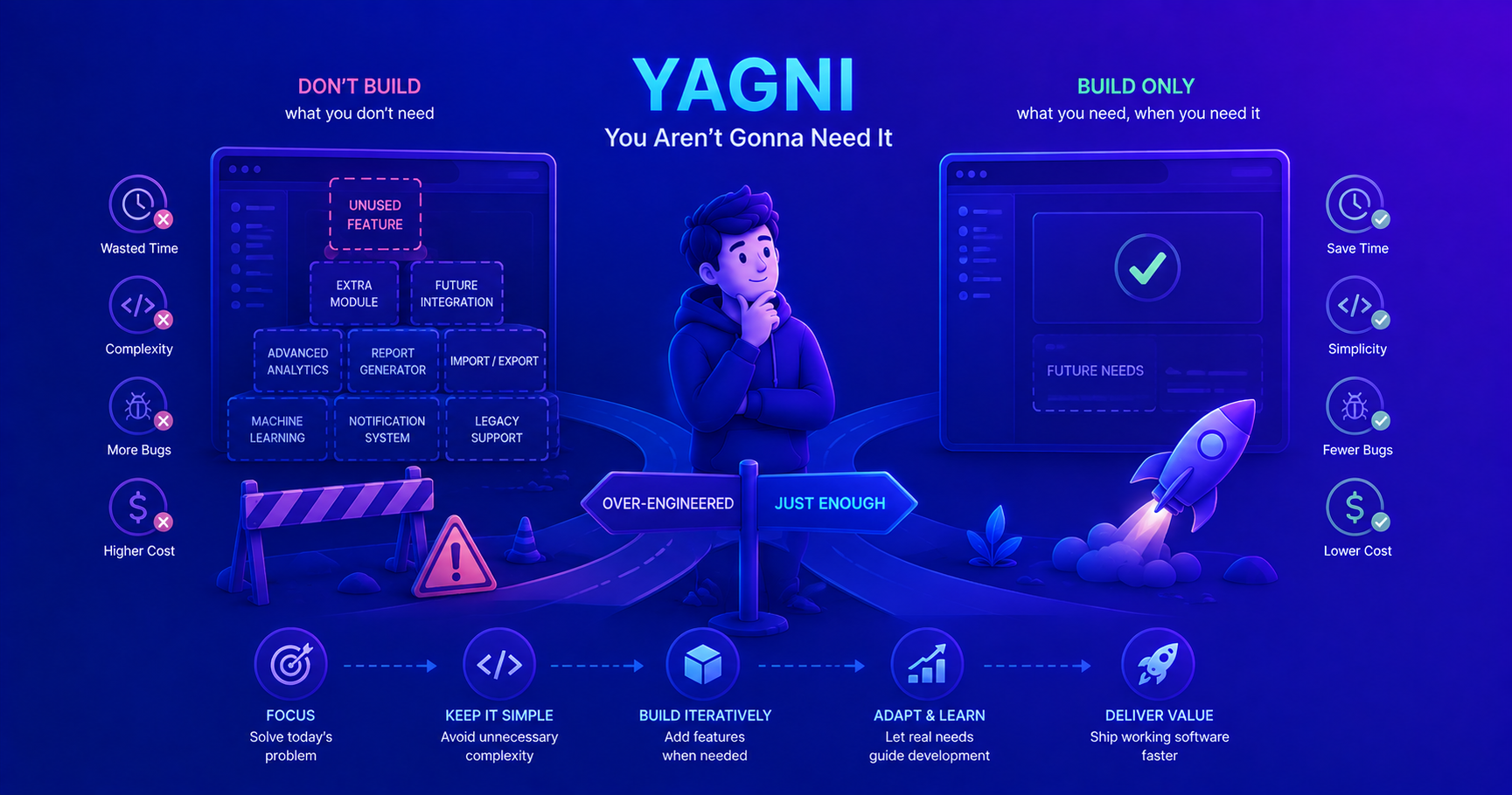 Illustration showing developers focusing on current needs versus building unnecessary features